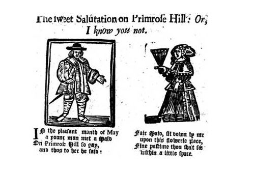 Woodcut illustration of "The Sweet Salutation on Primrose Hill," a young man speaking to a maid.