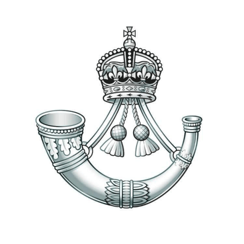 Silver bugle horn with a crown above it