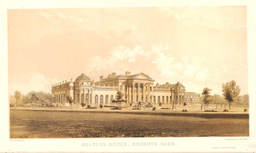 Holford House as extended south front c.1850 drawn by Wyatt Papworth. © The Trustees of the British Museum. Museum Number 1880,1113.4696