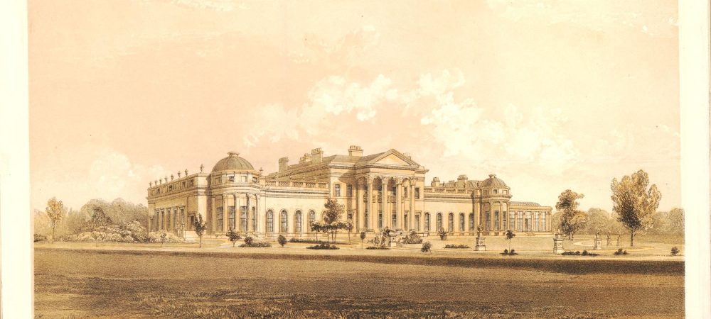 Holford House as extended south front c.1850 drawn by Wyatt Papworth. © The Trustees of the British Museum. Museum Number 1880,1113.4696